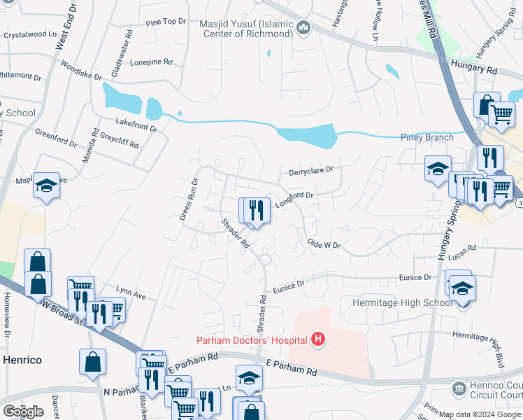 map of restaurants, bars, coffee shops, grocery stores, and more near 7730 Flannagan Court in Henrico