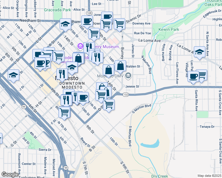 map of restaurants, bars, coffee shops, grocery stores, and more near 414 14th Street in Modesto