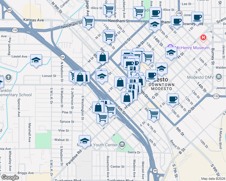 map of restaurants, bars, coffee shops, grocery stores, and more near in Modesto