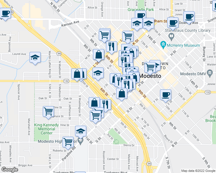 map of restaurants, bars, coffee shops, grocery stores, and more near in Modesto