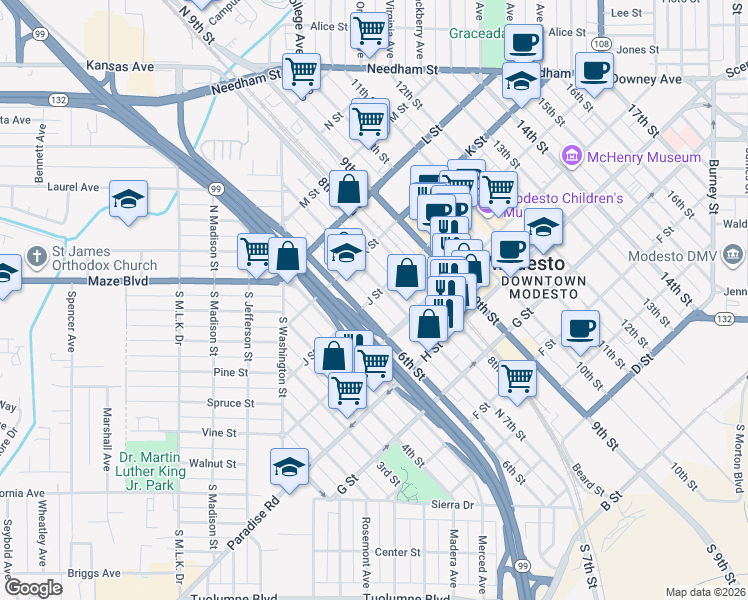 map of restaurants, bars, coffee shops, grocery stores, and more near in Modesto