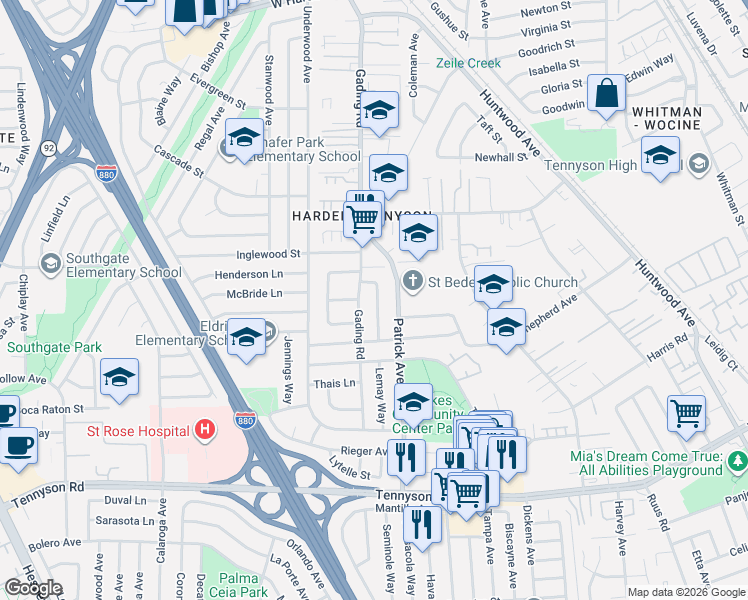 map of restaurants, bars, coffee shops, grocery stores, and more near 26870 Lakewood Way in Hayward