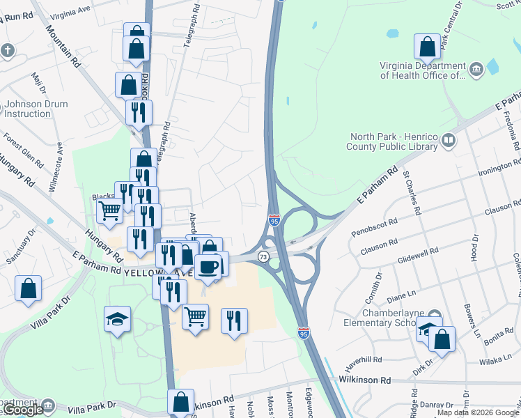 map of restaurants, bars, coffee shops, grocery stores, and more near Highway 73 in Glen Allen