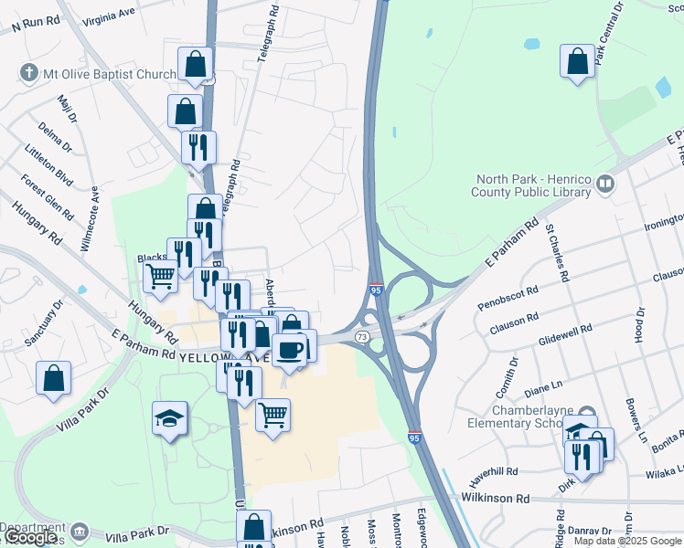 map of restaurants, bars, coffee shops, grocery stores, and more near 900 Bridgeport Avenue in Richmond