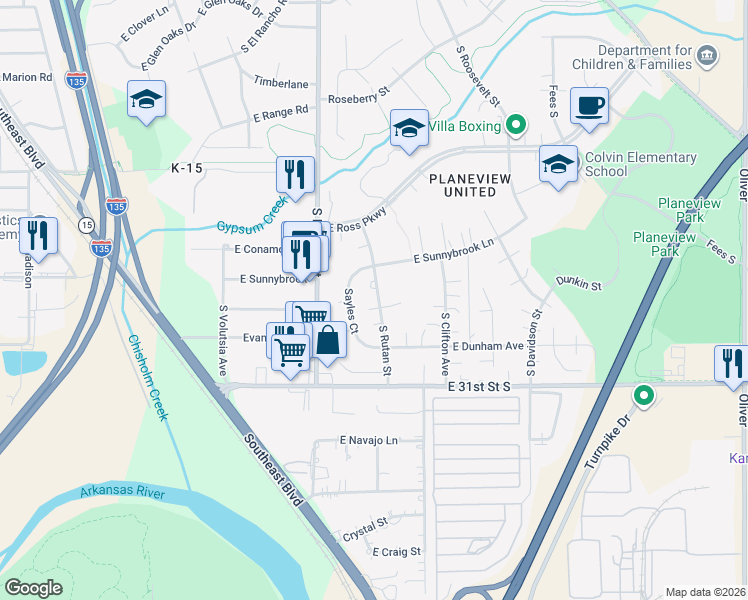 map of restaurants, bars, coffee shops, grocery stores, and more near 2936 South Rutan Street in Wichita