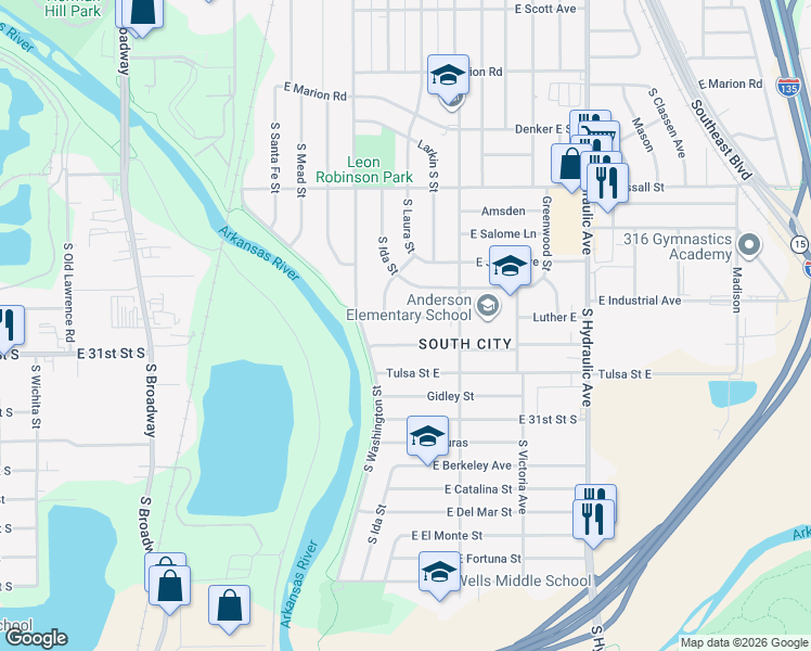 map of restaurants, bars, coffee shops, grocery stores, and more near 1113 Luther East in Wichita