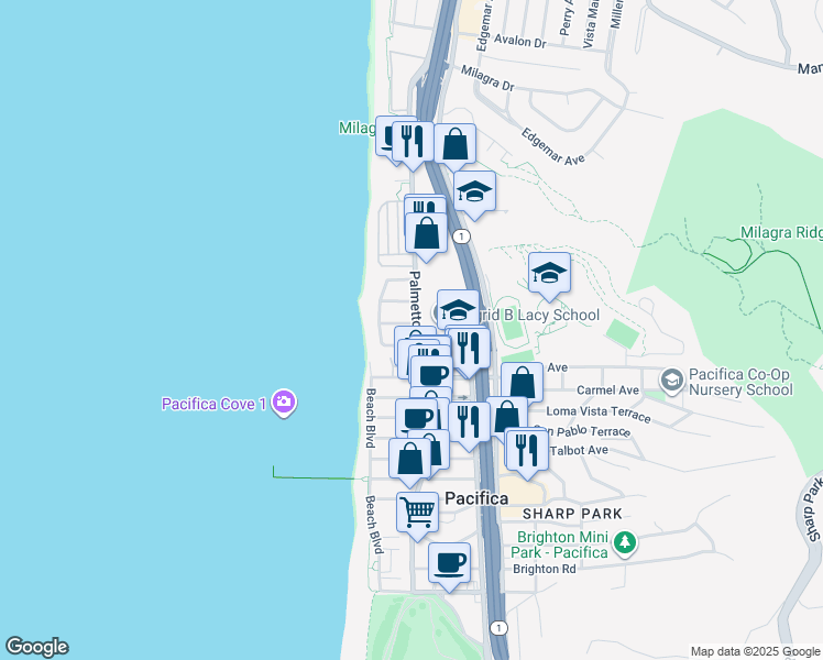 map of restaurants, bars, coffee shops, grocery stores, and more near 196 Surf Street in Pacifica