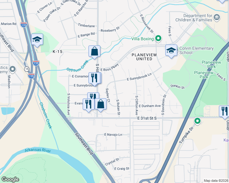 map of restaurants, bars, coffee shops, grocery stores, and more near 2936 South Rutan Street in Wichita