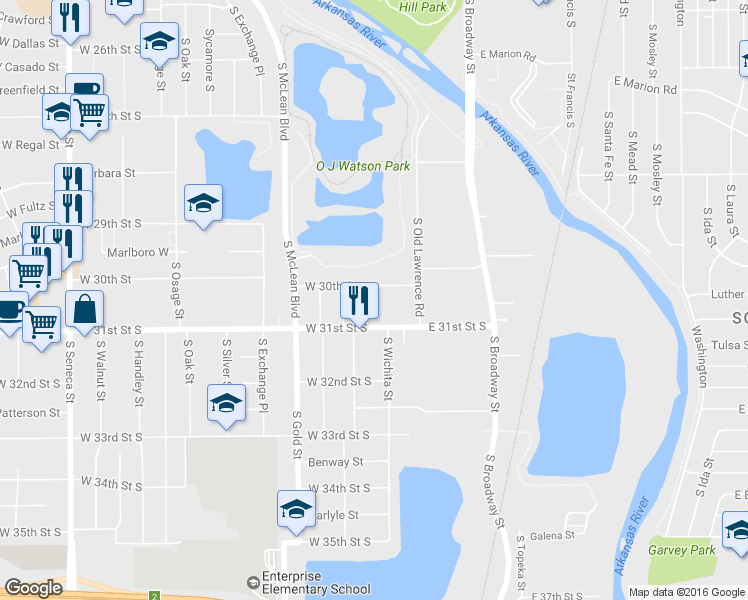 map of restaurants, bars, coffee shops, grocery stores, and more near 3110 South Wichita Street in Wichita