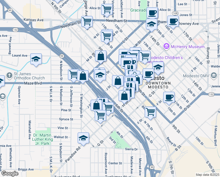 map of restaurants, bars, coffee shops, grocery stores, and more near 620 J Street in Modesto