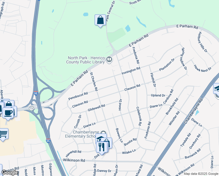 map of restaurants, bars, coffee shops, grocery stores, and more near 907 Penobscot Road in Richmond