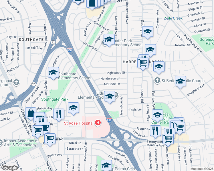 map of restaurants, bars, coffee shops, grocery stores, and more near 1328 McBride Lane in Hayward