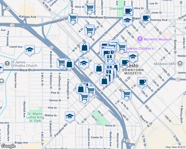 map of restaurants, bars, coffee shops, grocery stores, and more near 927 7th Street in Modesto