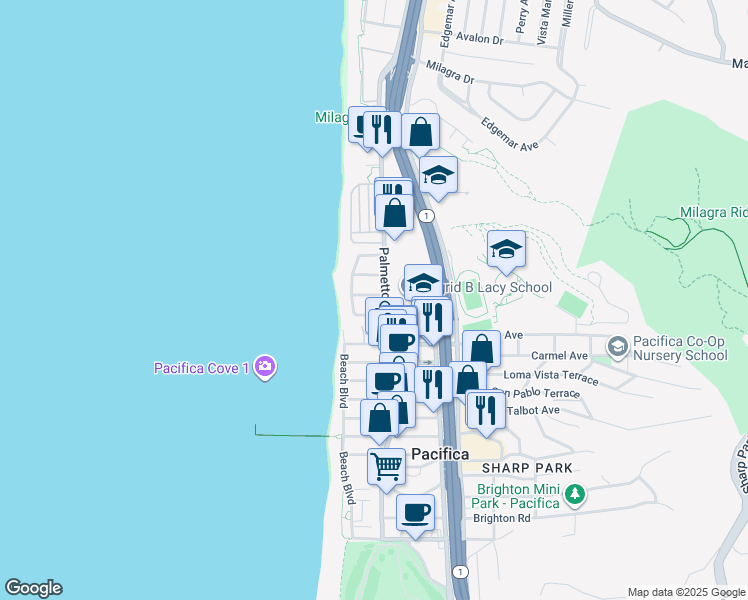 map of restaurants, bars, coffee shops, grocery stores, and more near 166 Surf Street in Pacifica