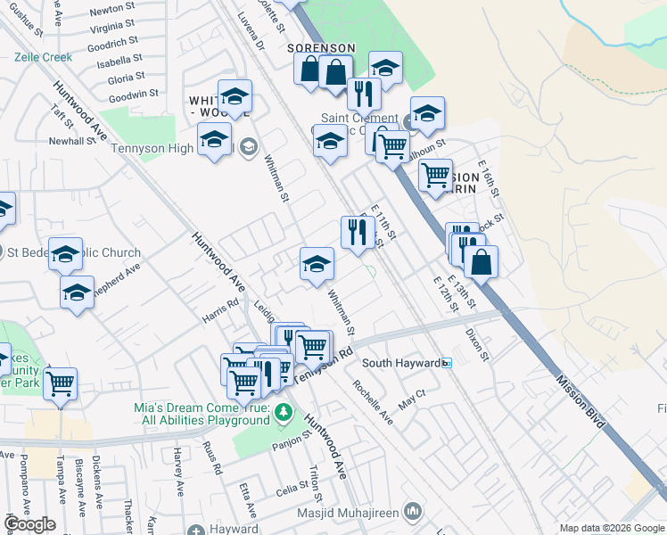 map of restaurants, bars, coffee shops, grocery stores, and more near 337 Thorne Drive in Hayward