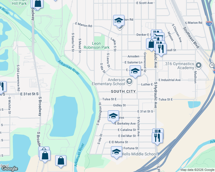 map of restaurants, bars, coffee shops, grocery stores, and more near 1113 Luther East in Wichita