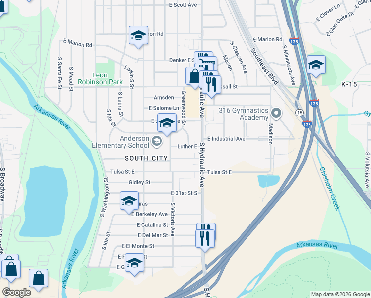 map of restaurants, bars, coffee shops, grocery stores, and more near 1531 Luther East in Wichita