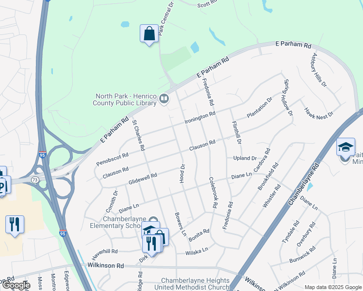 map of restaurants, bars, coffee shops, grocery stores, and more near 8403 Hood Drive in Richmond