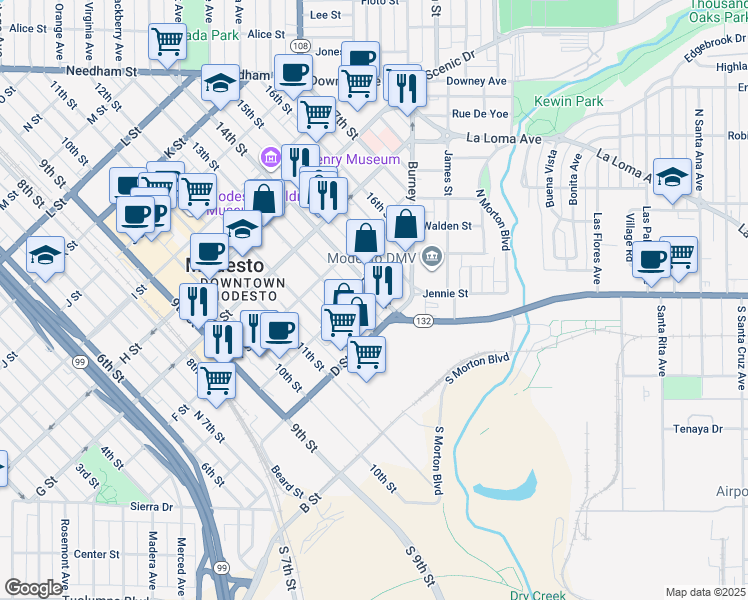 map of restaurants, bars, coffee shops, grocery stores, and more near 414 14th Street in Modesto