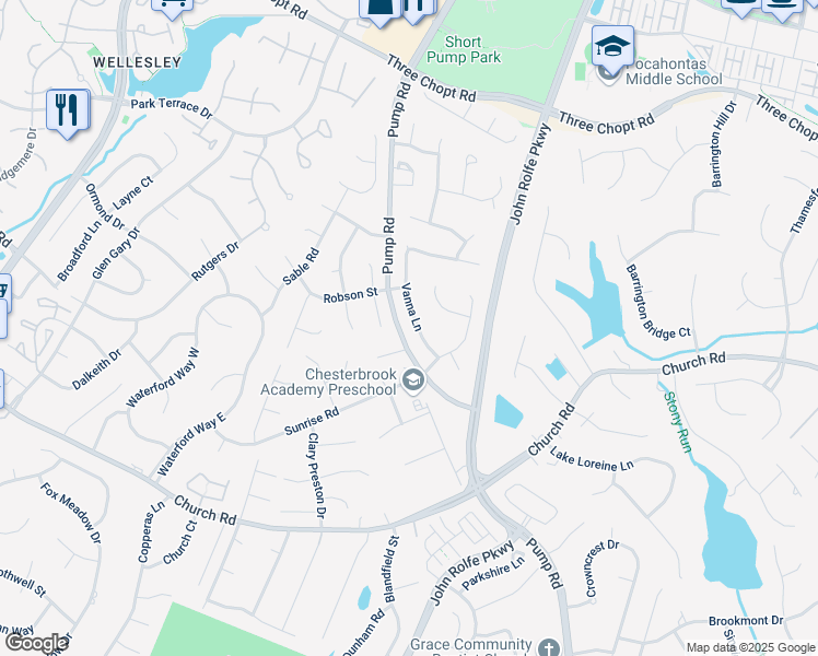 map of restaurants, bars, coffee shops, grocery stores, and more near 2922 Vanna Lane in Henrico