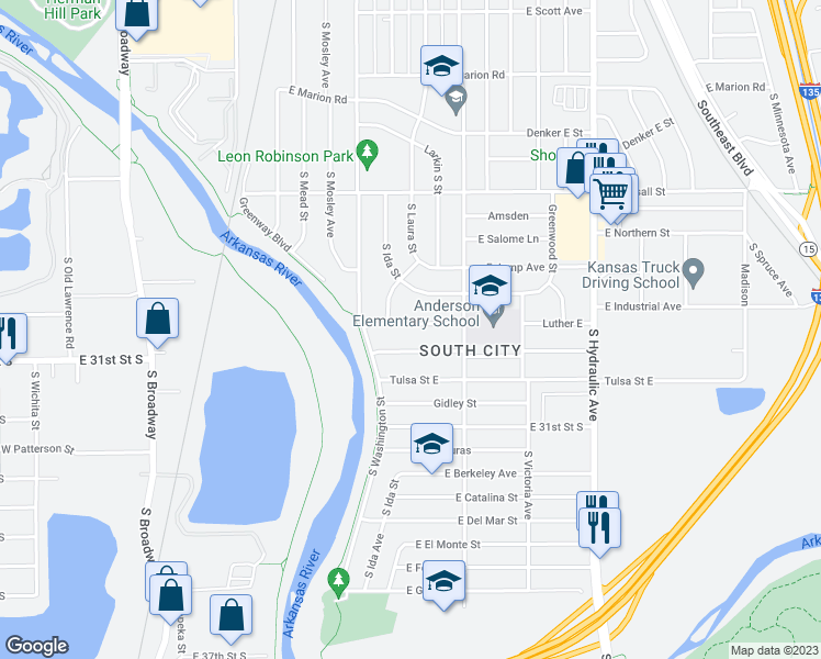 map of restaurants, bars, coffee shops, grocery stores, and more near 1121 Luther East in Wichita
