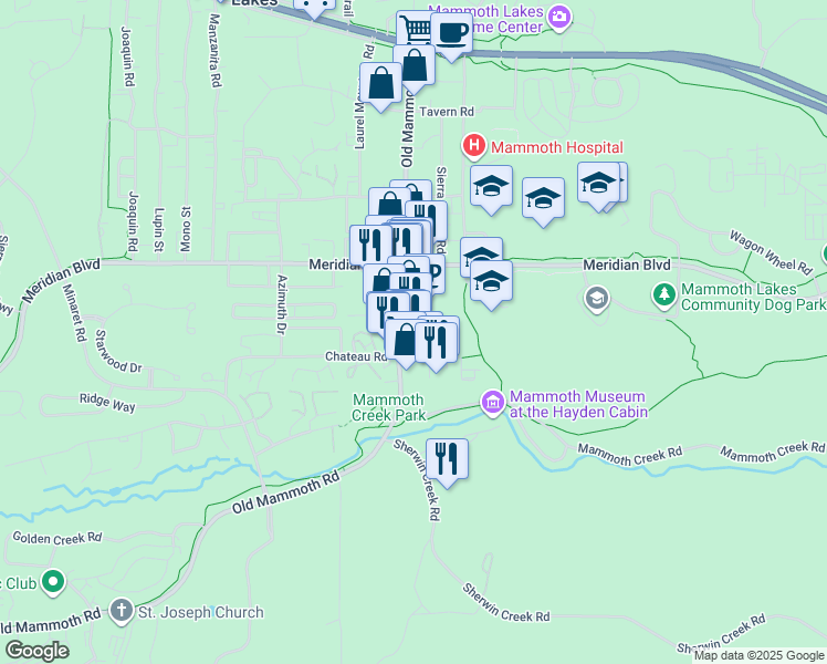 map of restaurants, bars, coffee shops, grocery stores, and more near 549 Old Mammoth Road in Mammoth Lakes
