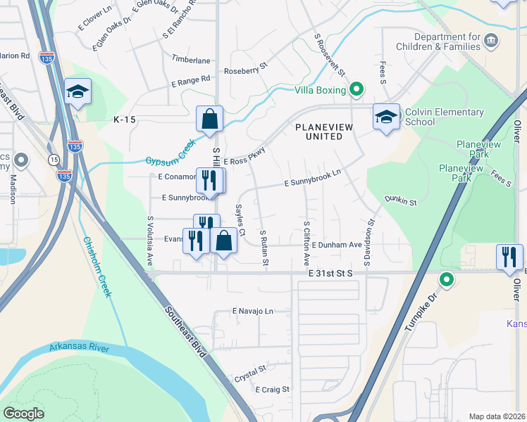 map of restaurants, bars, coffee shops, grocery stores, and more near 2936 South Rutan Street in Wichita