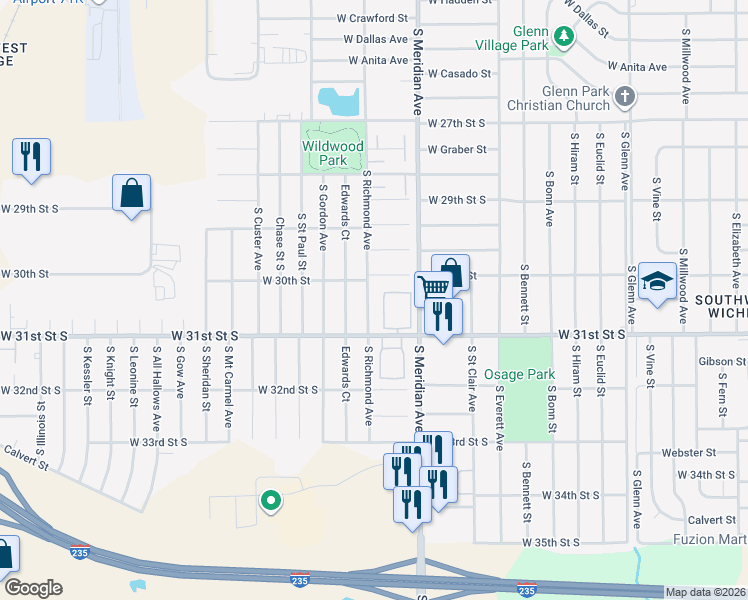 map of restaurants, bars, coffee shops, grocery stores, and more near 3120 South Richmond Avenue in Wichita
