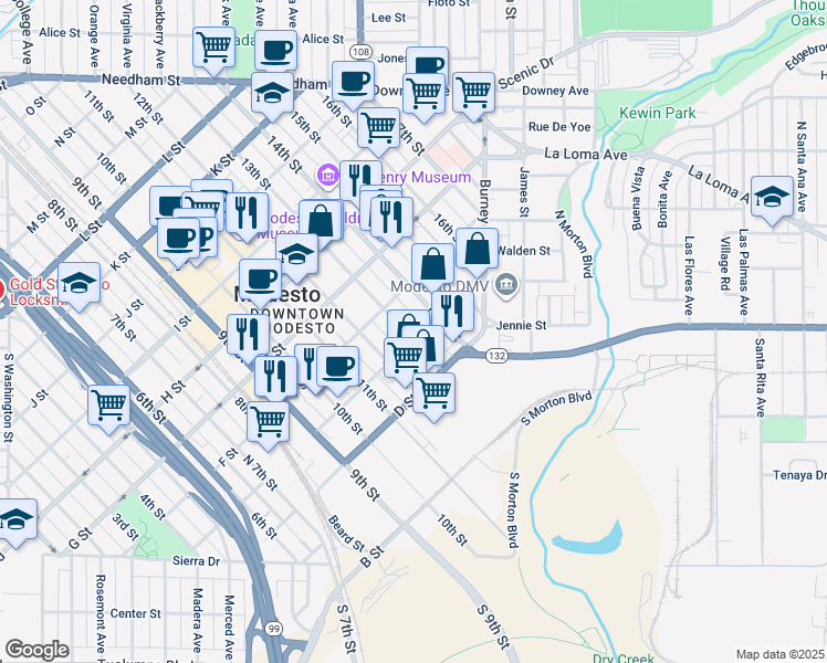 map of restaurants, bars, coffee shops, grocery stores, and more near 502 13th Street in Modesto