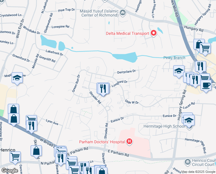 map of restaurants, bars, coffee shops, grocery stores, and more near 7720 Flannagan Court in Henrico