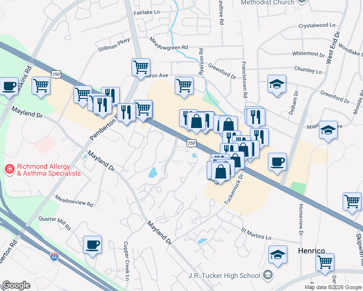 map of restaurants, bars, coffee shops, grocery stores, and more near 9311 Silver Stream Lane in Richmond