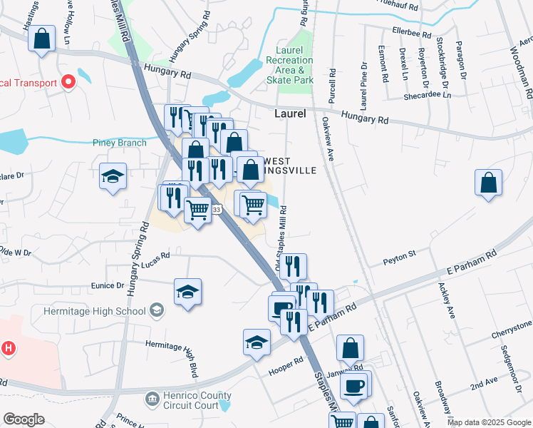 map of restaurants, bars, coffee shops, grocery stores, and more near 9100 Old Staples Mill Road in Richmond
