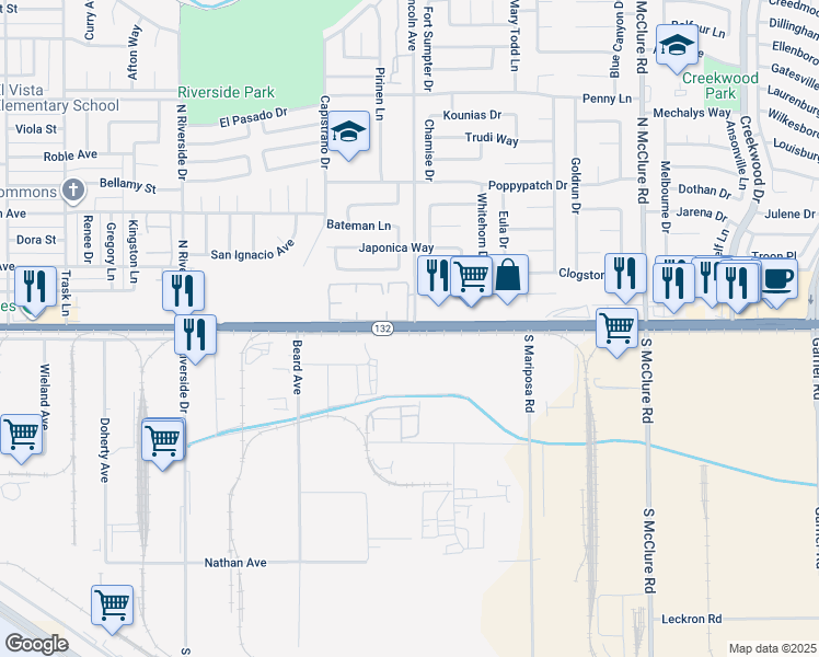 map of restaurants, bars, coffee shops, grocery stores, and more near 2998 Yosemite Boulevard in Modesto