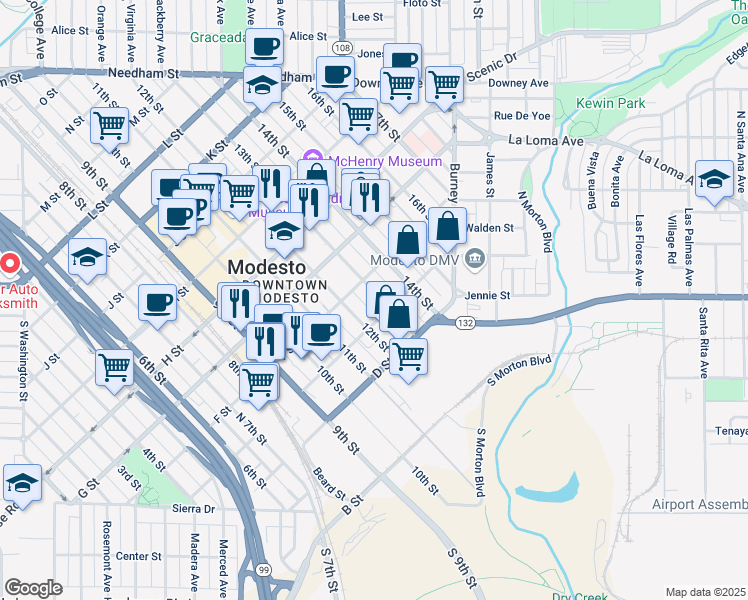 map of restaurants, bars, coffee shops, grocery stores, and more near 518 12th Street in Modesto