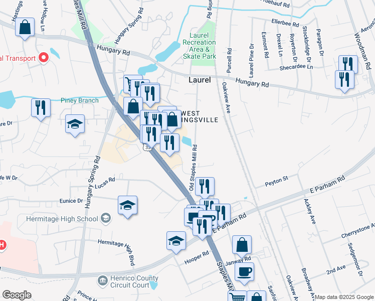 map of restaurants, bars, coffee shops, grocery stores, and more near 9100 Old Staples Mill Road in Richmond