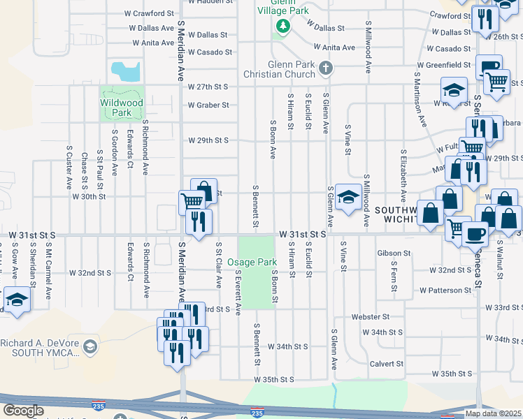 map of restaurants, bars, coffee shops, grocery stores, and more near 3128 South Bennett Street in Wichita