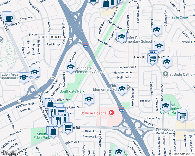 map of restaurants, bars, coffee shops, grocery stores, and more near 26730 Peterman Avenue in Hayward
