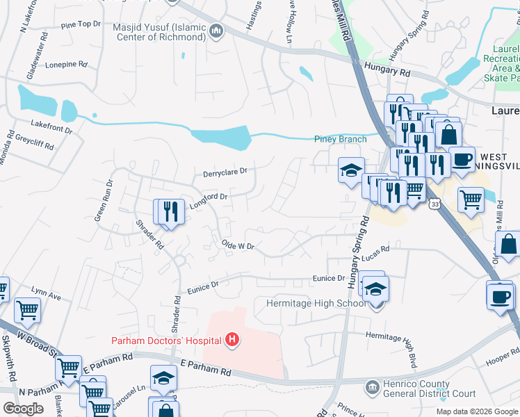 map of restaurants, bars, coffee shops, grocery stores, and more near 8605 Lambay Court in Richmond