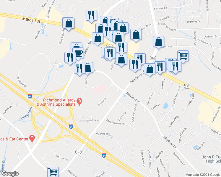 map of restaurants, bars, coffee shops, grocery stores, and more near 9916 Whitney Circle in Richmond