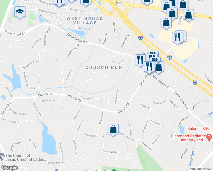 map of restaurants, bars, coffee shops, grocery stores, and more near 3758 Churchwood Place in Henrico
