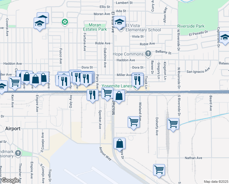 map of restaurants, bars, coffee shops, grocery stores, and more near El Vista Ave & Yosemite Blvd in Modesto