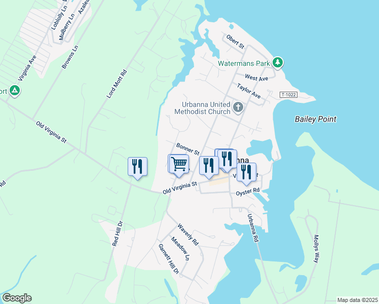 map of restaurants, bars, coffee shops, grocery stores, and more near 340 Bonner Street in Urbanna
