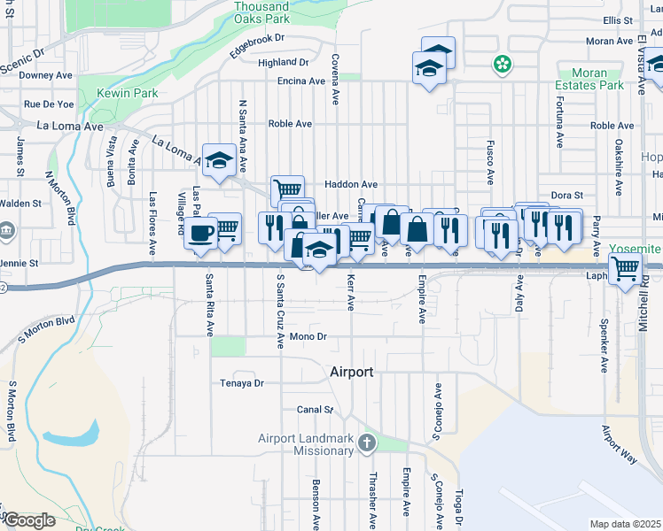 map of restaurants, bars, coffee shops, grocery stores, and more near 1420 Yosemite Boulevard in Modesto