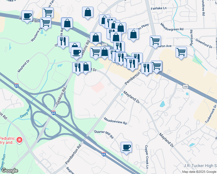 map of restaurants, bars, coffee shops, grocery stores, and more near 9916 Whitney Circle in Richmond
