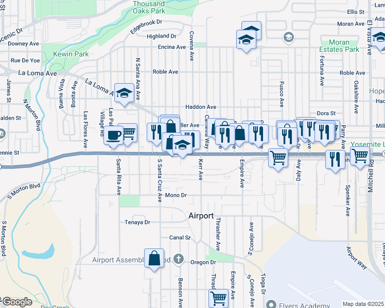 map of restaurants, bars, coffee shops, grocery stores, and more near Yosemite Blvd & La Loma Ave in Modesto