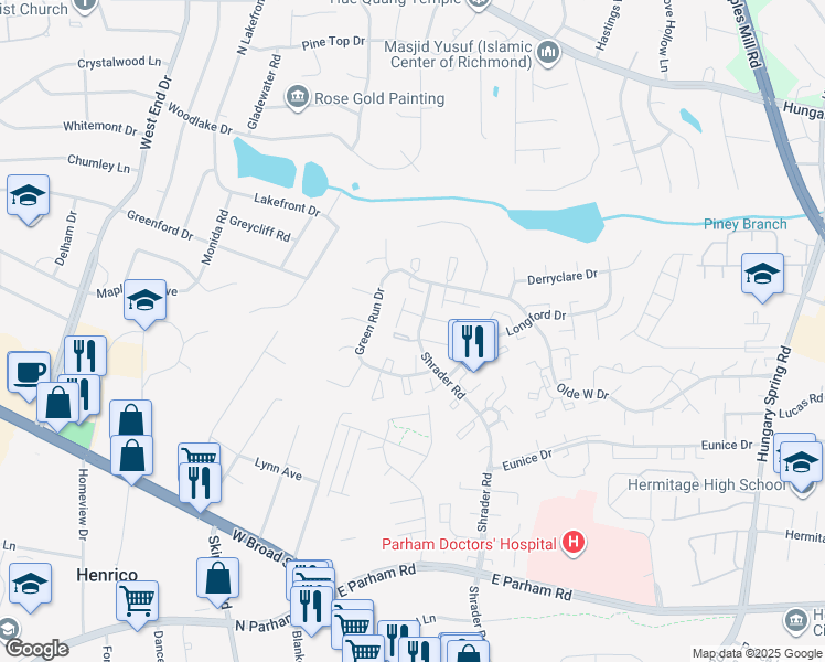 map of restaurants, bars, coffee shops, grocery stores, and more near 7800 Fitzgerald Court in Richmond
