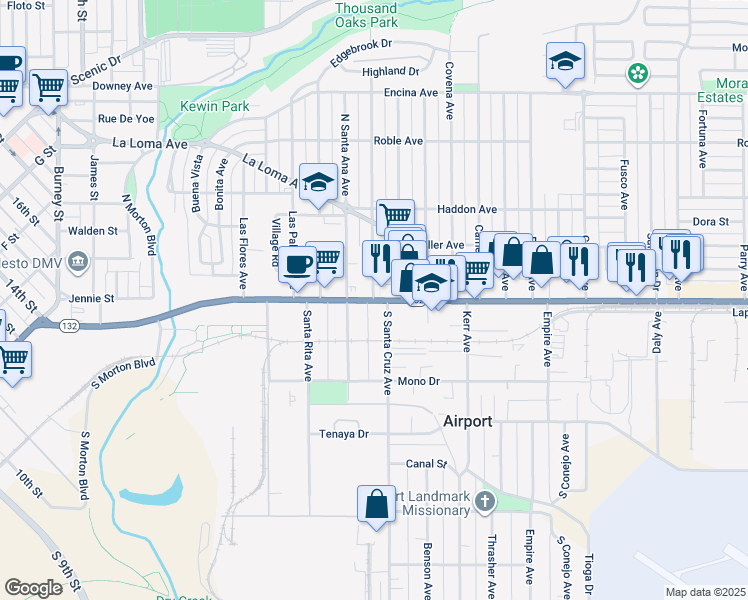 map of restaurants, bars, coffee shops, grocery stores, and more near 2 Santa Barbara Avenue in Modesto