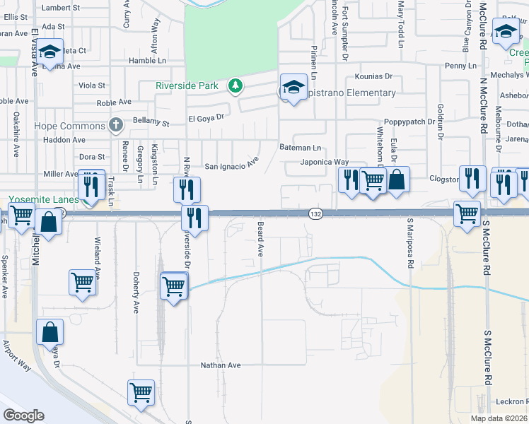 map of restaurants, bars, coffee shops, grocery stores, and more near 2809 Yosemite Boulevard in Modesto