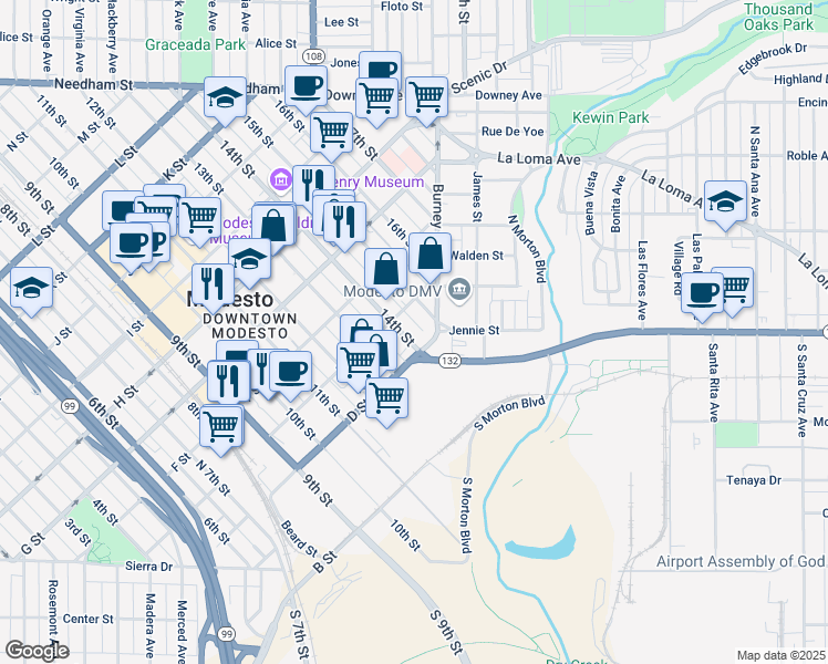 map of restaurants, bars, coffee shops, grocery stores, and more near 414 14th Street in Modesto