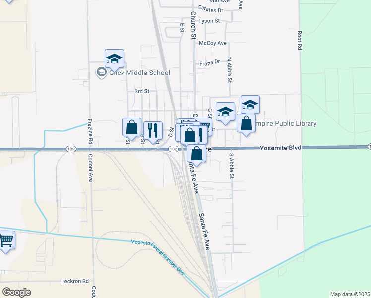map of restaurants, bars, coffee shops, grocery stores, and more near 2 E Street in Modesto